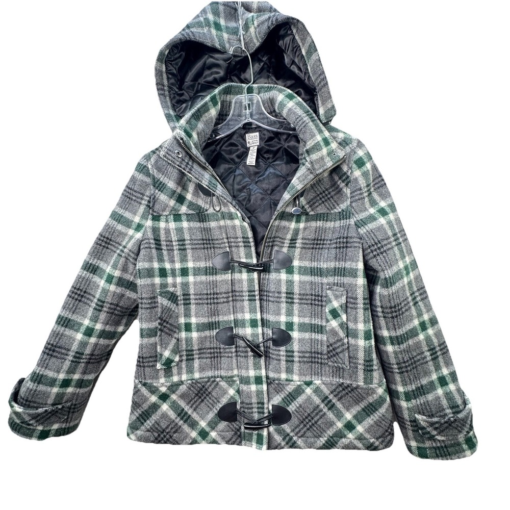 GH Bass Wool Blend Full Zip Coat Women's Medium Grey Plaid Hooded **Flaw
